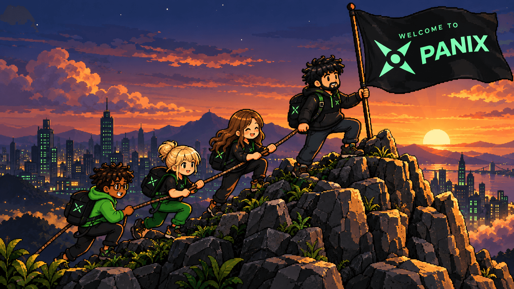 El equipo PANIX escalando una montaña y clavando su bandera