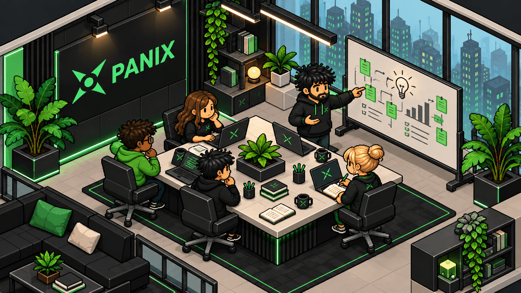 El equipo PANIX explicando un plan en una pizarra
